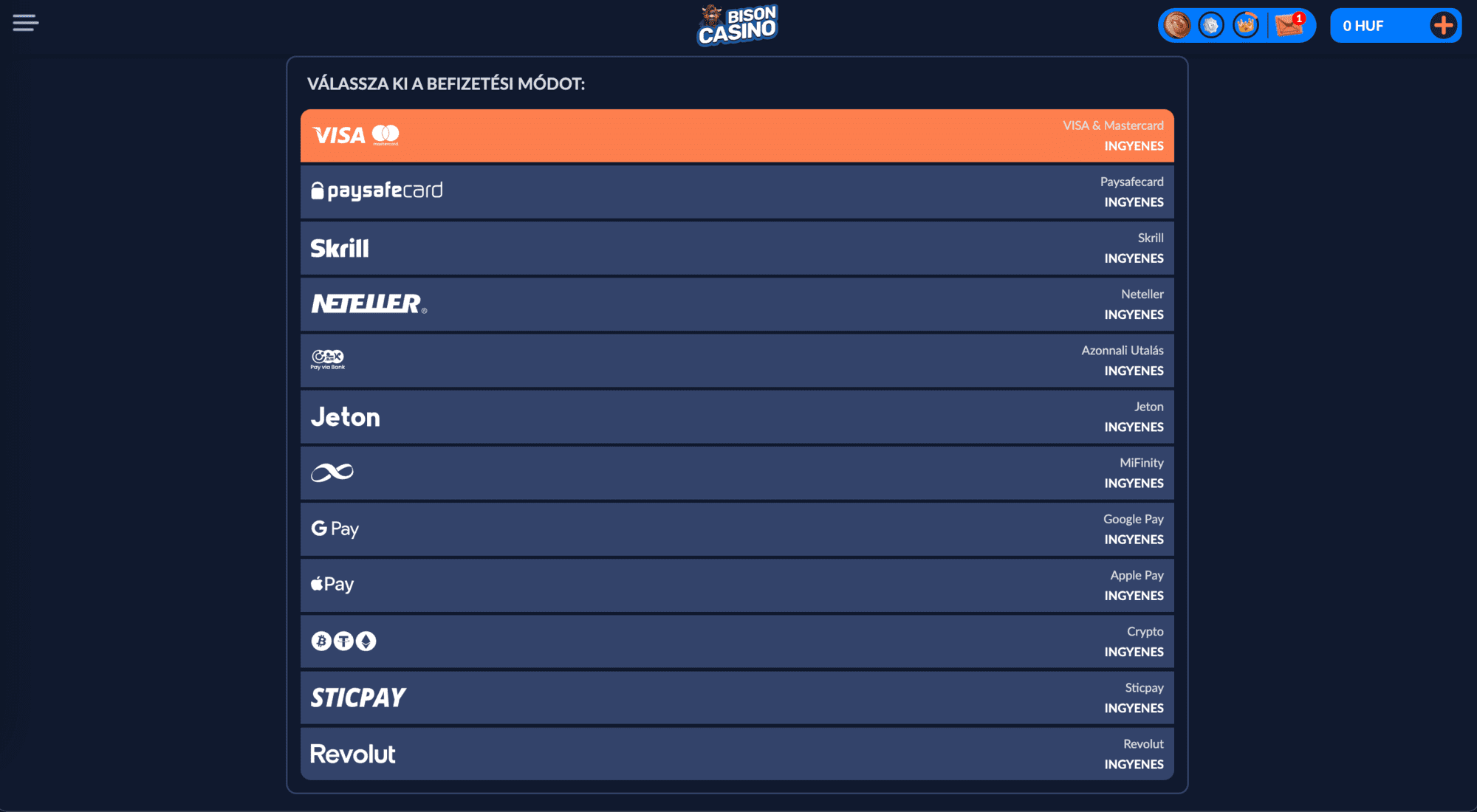 Bison Casino deposit methods