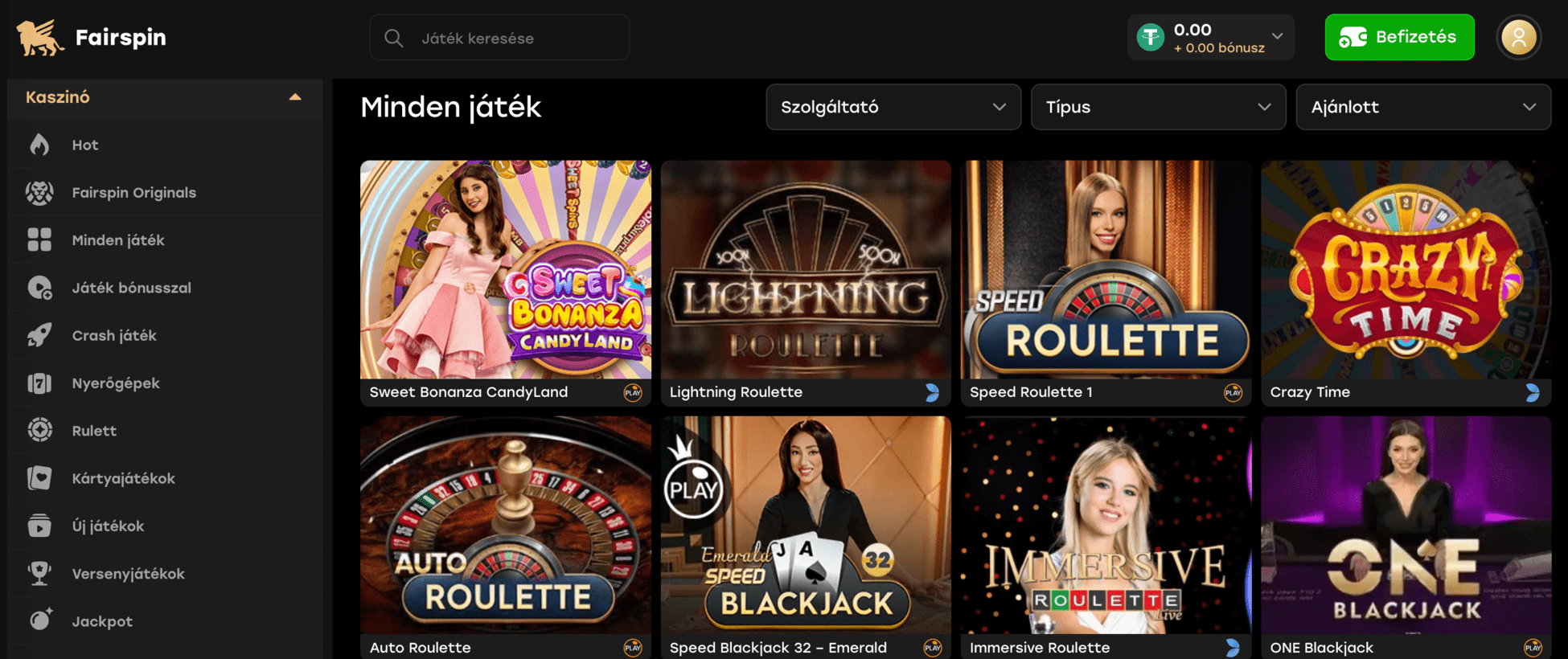 A Fairspin online élő kaszinó részlege