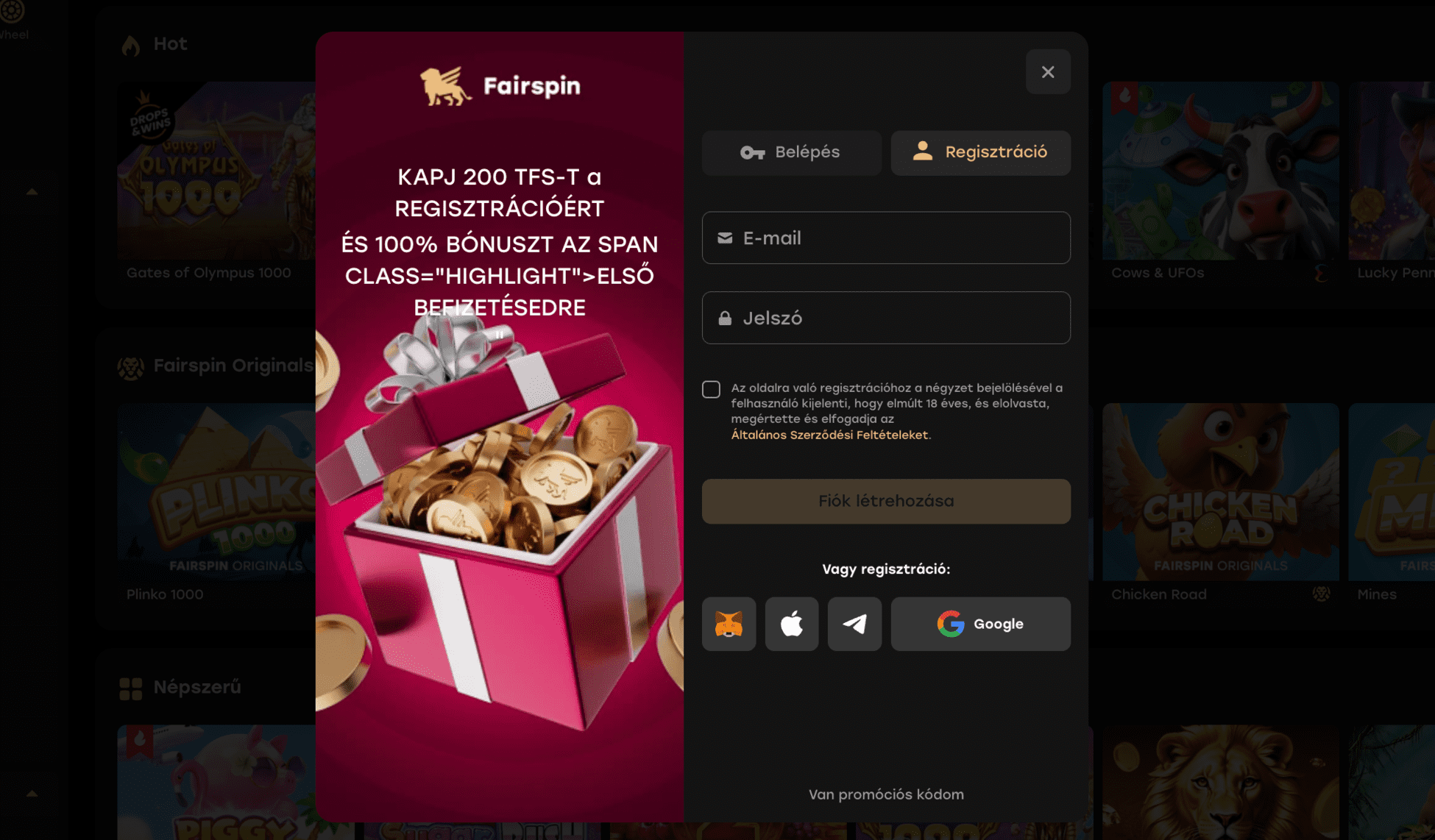 Így regisztrálhatsz a Fairspin Casino oldalon