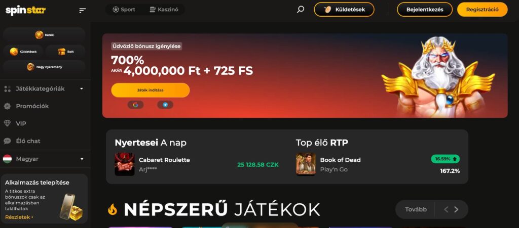 Spinstar Casino főoldal képernyőképe